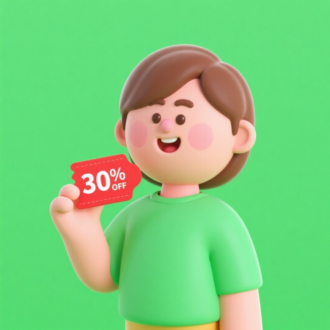 一个人手里拿着一张 “30%OFF” 红色折扣券，清新绿色背景，利落的棕头发、弯弯细眉、棕色杏仁眼、粉嫩薄嘴唇、表情活泼的半身卡通人物，绿色上衣。预览效果