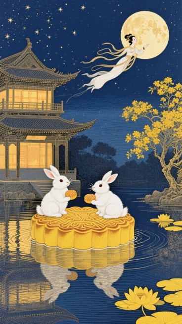 两只可爱白玉兔坐精致大黄月饼上，手持小月饼；嫦娥飞向月亮，深蓝夜空悬满月、缀星光，月下三层中式楼阁透暖光，右有黄花树，左及水面飘黄莲，水面映倒影。暖黄与深蓝交织。预览效果