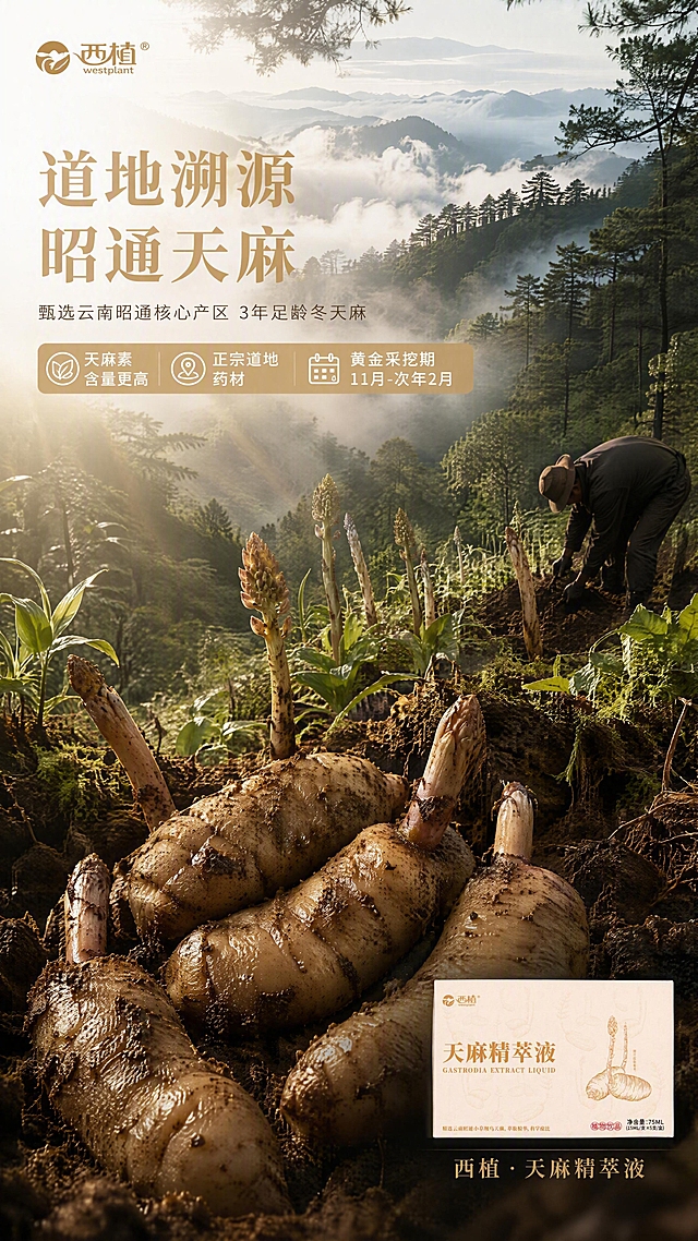 [第3张] 原料产地专页-云南昭通道地冬天麻溯源。本张为原料产地叙事型，无需产品主体图生图，以产地场景为主，右下角小图露出【图1】礼盒。
[氛围/风格] 自然产地纪实感，高原山林氛围，高端滋补溯源调性，电影级光影。
[元素布局] 画面主体为云南昭通高原天麻种植山地场景，雾气缭绕的山林间有天麻植株与采挖画面，占画面约70%；中景展示刚采挖出的新鲜冬天麻大个饱满，带泥土质感；左上角为产地标识区域；右下角嵌入产品礼盒小图作品牌露出；整体层次丰富：远山云雾、中景山林、前景天麻特写，至少3层环境元素。
[光影质感] 清晨侧逆光，穿透林间雾气形成丁达尔效应，天麻表面有自然湿润光泽，整体通透有呼吸感。
[配色色系] 全局底色以自然山林绿+土褐色为主；标题字色 #C89B5C 大地金；辅助色深棕。
[视角构图] 广角远景+前景特写结合，纵深感强，阅读动线上左产地标题 → 中部产地场景 → 右下产品露出。
[文字版式] 左上角主标题「道地溯源 昭通天麻」温润宋体大字，副标题「甄选云南昭通核心产区 3年足龄冬天麻」；下方信息条：「天麻素含量更高」「正宗道地药材」「黄金采挖期 11月-次年2月」三个金色底白字标签；右下角产品礼盒旁标注「西植 · 天麻精萃液」；字色大地金+深棕，与全套统一。
[比例分辨率] 9:16 竖版比例，4K分辨率，文字清晰可辨，高清画质。
[负向提示词] 人物面部特写，现代建筑，水印，文字错乱，产地元素过小，产品占比过大。
