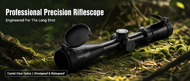 [Screen 1] Main Hero Image for Precision Hunting Riflescope, A+ Content main visual. This screen uses [image2] as the product subject. Place the riflescope in a realistic outdoor hunting forest environment, preserving the original product's black matte metal body, precise adjustment knobs, and open lens cap structure. [Atmosphere/Style] Professional outdoor product photography, realistic and detailed, natural atmosphere, high commercial photography texture. [Element Layout] The product is placed in the center-right of the frame, occupying approximately 60%-65% of the canvas; the title area is reserved at the top left; the background is a blurred deep green forest with fallen leaves on the ground; the product's physical structure, proportion, and key components are consistent with the input image. [Lighting & Texture] Soft natural sunlight from the upper left, clear projection on the ground, highlighting the metallic matte texture and precise machining details of the adjustment knobs, with rich layers of light and shadow. [Color Scheme] Global background color #2D4A36; main color deep forest green; auxiliary colors dark black product, white title text. [Perspective & Composition] 45-degree diagonal composition, product as the clear visual center, reading order is top title → center product → bottom information bar. [Text Layout] Top title area + center product composition. Main title "Professional Precision Riflescope", subtitle "Engineered For The Long Shot", bold sans-serif font aligned left; bottom left information box "Crystal Clear Optics | Shockproof & Waterproof"; text does not obscure the main product body. All text uses English, no Chinese characters. [Proportion & Resolution] 1464×700 wide screen proportion, 4K resolution, clear legible text, high definition quality. [Negative Prompt] distorted product, wrong structure, missing parts, color deviation, Chinese characters, watermark, blurry product, cluttered background