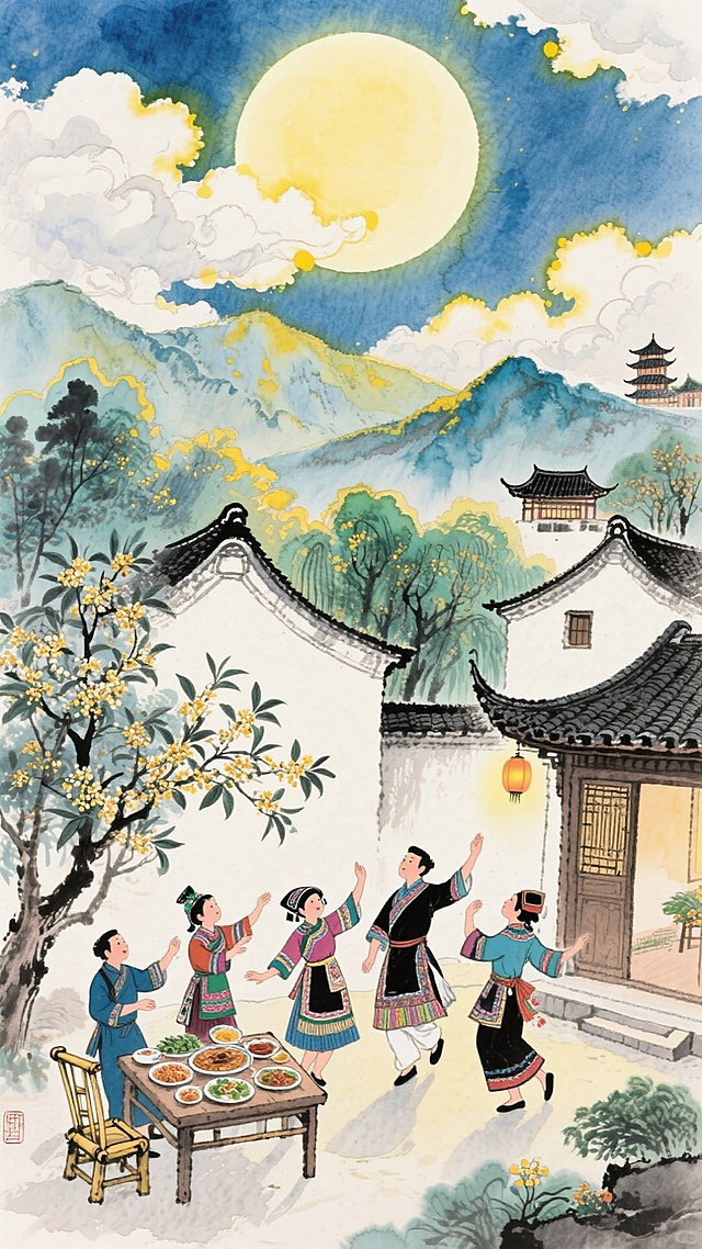 一轮明亮的圆月高挂天空，周围点缀着云朵和黄色光斑。近处是中式庭院，一家人穿着传统民族服饰在屋前翩翩起舞，桌上摆满食物，旁边有中式房屋，屋前有桂花枝，周围树木葱郁，远处是山峦和中式建筑