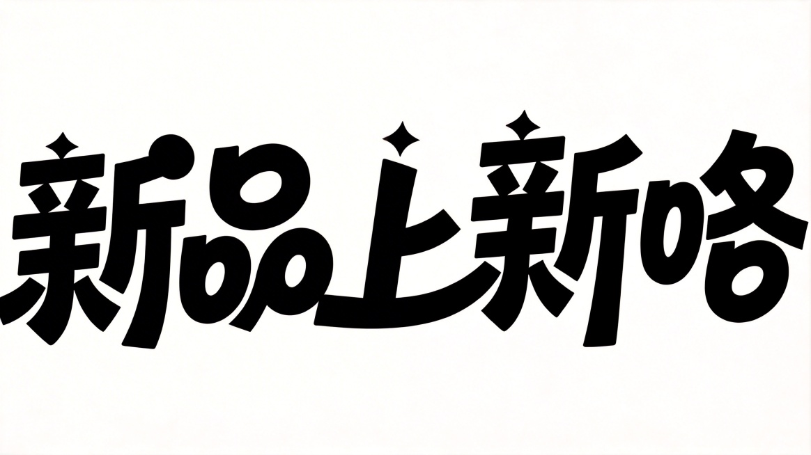 干净的纯白色背景。完全遵循参考图的字体风格：粗笔画圆润黑体，笔画做自然连接变形，每个首字上方加四角星装饰，纯黑色平面字体，五个字"新品上新咯"单行横向排列，完全沿用参考图的字体造型风格和设计细节，白底预览效果
