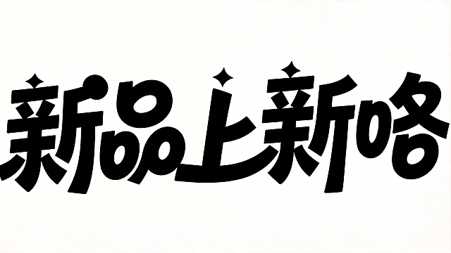 干净的纯白色背景。完全遵循参考图的字体风格：粗笔画圆润黑体，笔画做自然连接变形，每个首字上方加四角星装饰，纯黑色平面字体，五个字"新品上新咯"单行横向排列，完全沿用参考图的字体造型风格和设计细节，白底黑字，适合直播间底部展示，文字完整无裁切。比例16:9。