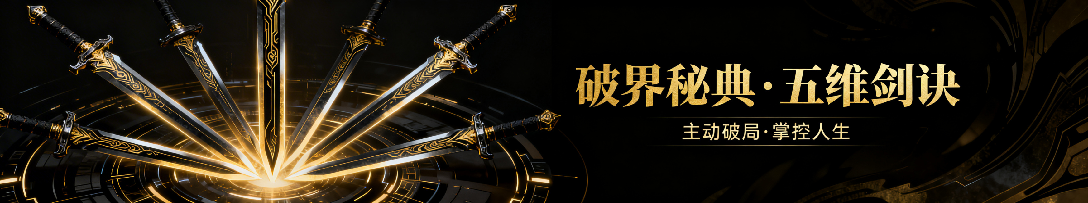 采用黑金修仙科技风格，生成16:3尺寸的执剑者五维剑诀破界秘典详情图，画面左侧呈现五柄本命神剑环绕成阵的视觉效果，右侧排版破界秘典的核心文字内容，突出主动破局掌控人生的道统主旨，风格冷峻大气预览效果
