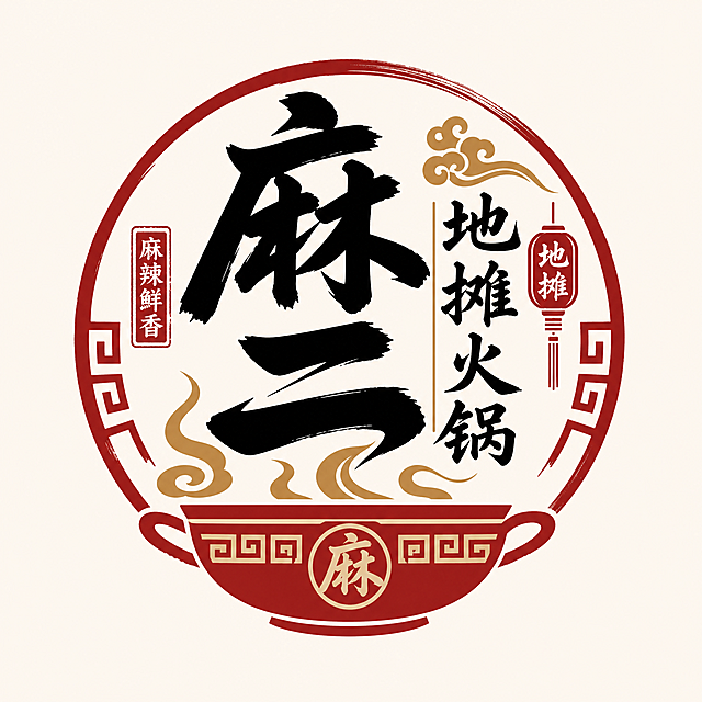 设计一个“麻二地摊火锅”的LOGO，采用新中式风格，字体设计潇洒大气，中式设计元素搭配火锅餐饮属性，整体简洁有辨识度