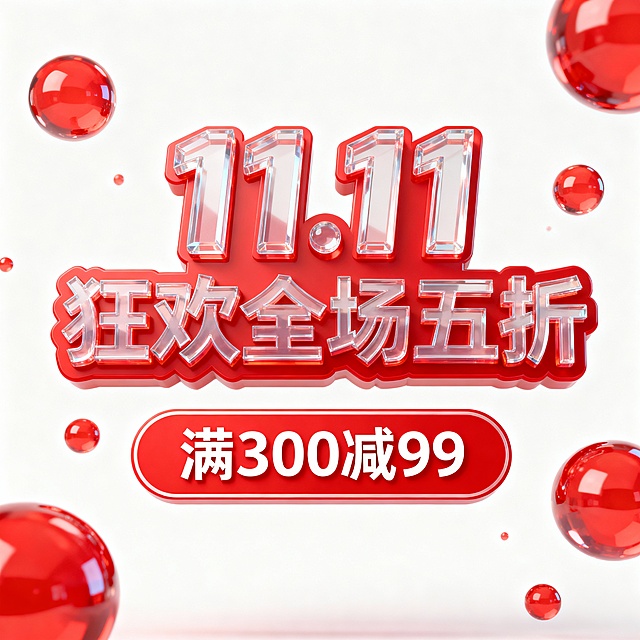 以红色为主色调的双11促销主题设计，上方是立体透明质感的“11.11 狂欢 全场五折”艺术字，视觉冲击力强，下方红色圆角框标注“满 300 减 99”的优惠信息，背景点缀红色气泡元素，整体风格热烈喜庆，突出双11大促的折扣力度与促销氛围