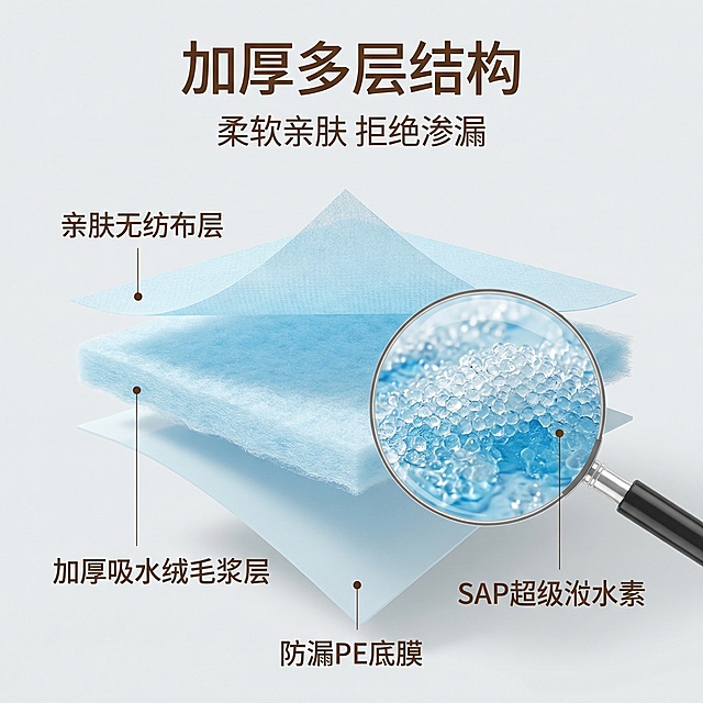 [主图 3] 材质结构细节展示
[主图主题] 宠物尿垫加厚多层材质展示
[氛围/风格] 专业细节特写，清晰通透，突出品质
[画面元素] 用悬浮拆解法展示宠物尿垫的多层结构，从上到下依次是：亲肤无纺布层、加厚吸水绒毛浆层、防漏PE底膜，每层都标注名称，背景干净浅白色，用放大镜效果突出锁水颗粒纹理，清晰展示加厚材质细节
[配色色系] 主色调：浅蓝产品色，辅助色：浅灰背景，棕色标注文字
[视角构图] 平铺俯视，结构清晰，多层分离展示
[文字版式] 主标题“加厚多层结构”，副标题“柔软亲肤 拒绝渗漏”，每层结构旁标注对应名称，字体清晰无衬线，排版错落不遮挡结构
[比例分辨率] 2k 分辨率