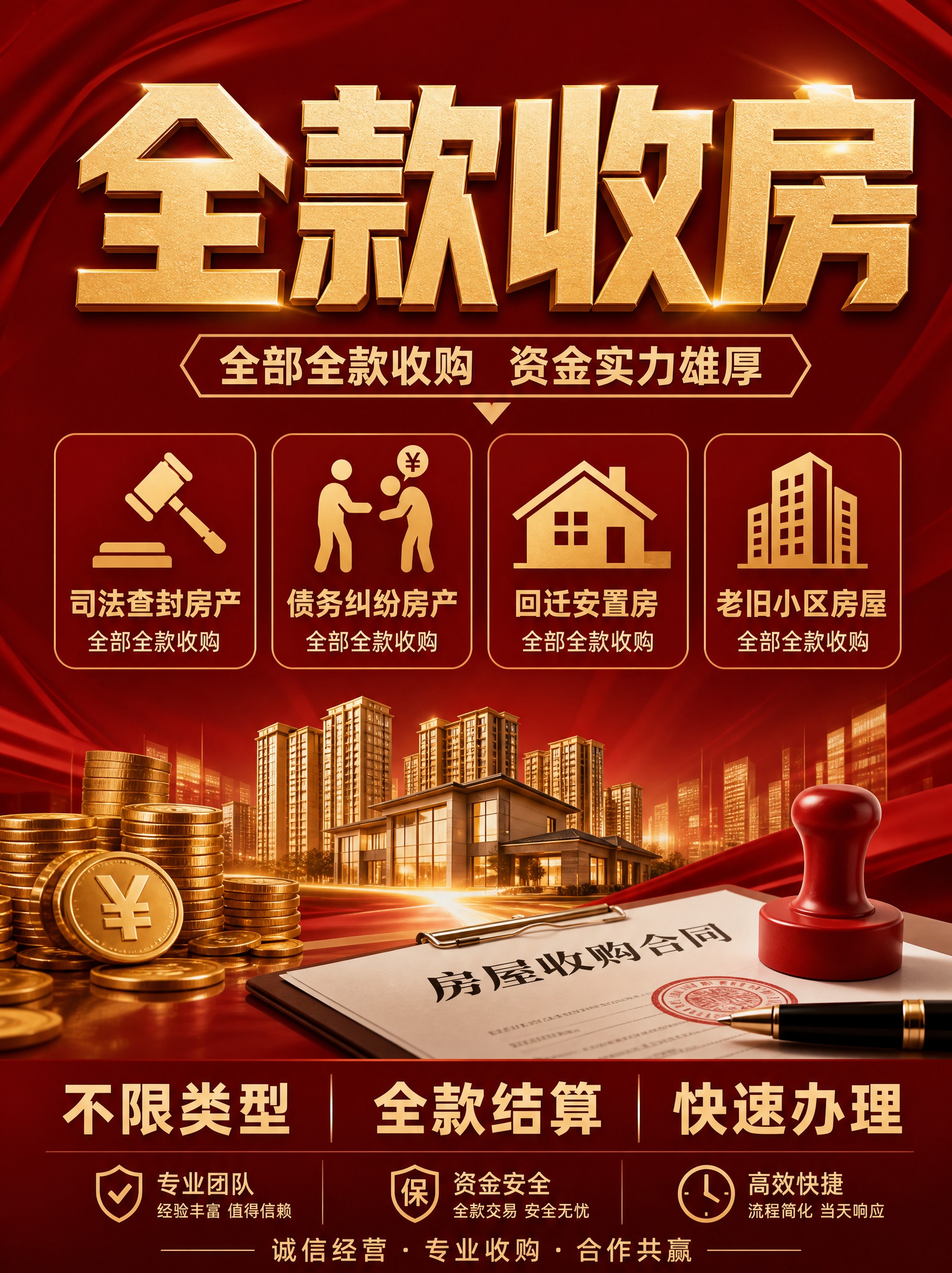 房产全款收购宣传海报，直接有力的商务风格，深红色与金色为主色调… - 图片创意预览