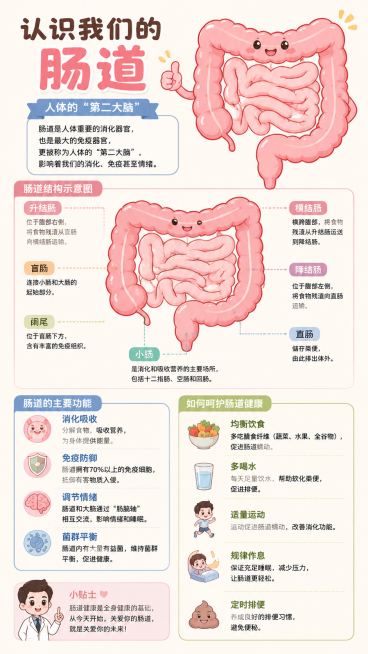 肠道漫画插图，科普风格的肠道结构示意图预览效果