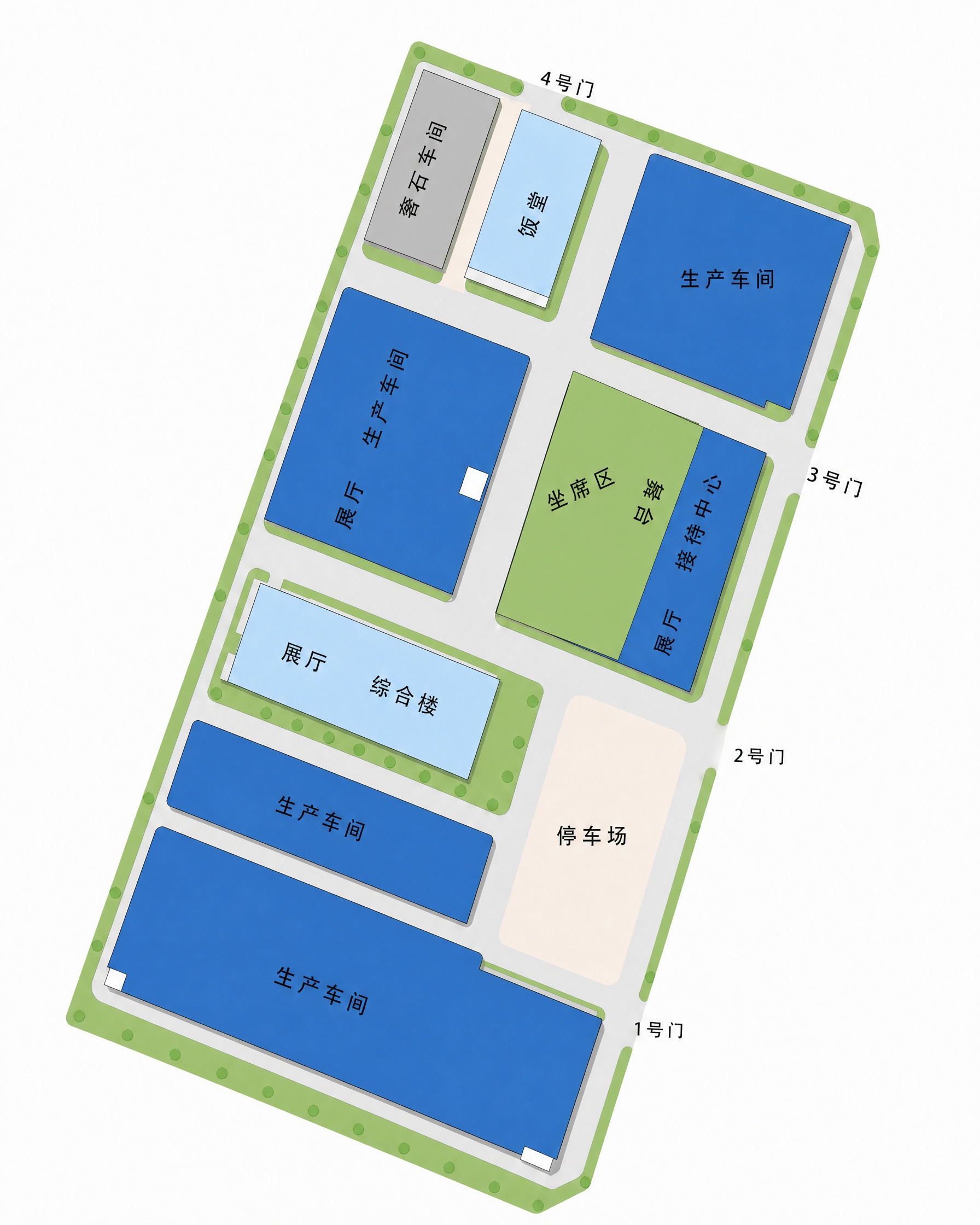 基于这张工厂园区平面图进行修改：1. 在左下角最大的蓝色生产车… - 图片创意预览