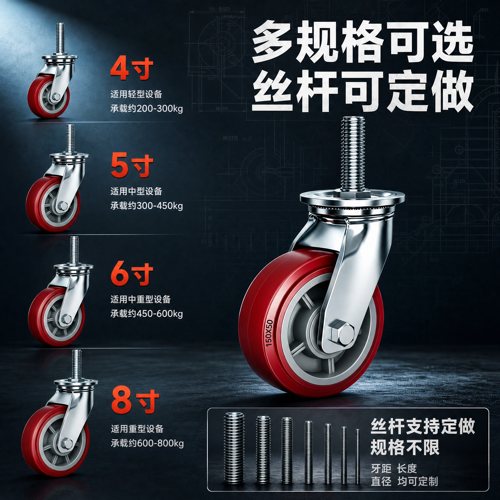 [主图-4] 重型丝杆万向轮尺寸规格展示图，核心任务是清晰展示… - 图片创意预览