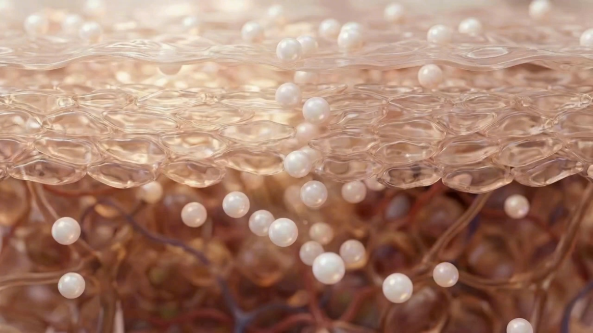 固定机位，镜头无任何转动、移动、推拉摇移、变焦；皮肤肌理结构、美白活性分子的形态、色彩、珠光质感全程1:1还原原图，无任何变形、错位、元素增减；无任何多余元素、无产品包装、无人物面部露出，仅呈现成分渗预览效果