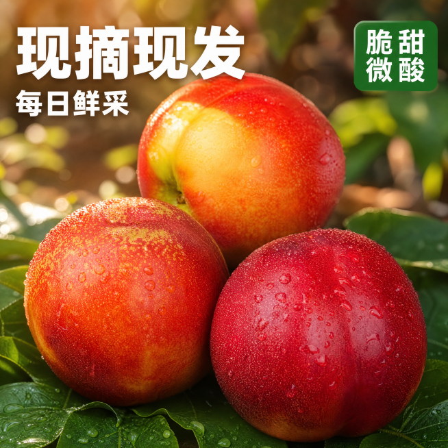 [主图-1] 黄心油桃首图，突出新鲜现摘的食欲感。
[氛围风格] 自然果园氛围感，新鲜诱人；
[画质] 商业摄影质感，光线柔和通透，产品清晰真实，画面干净高级，4K超高清。
[元素] 三颗新鲜黄心油桃预览效果