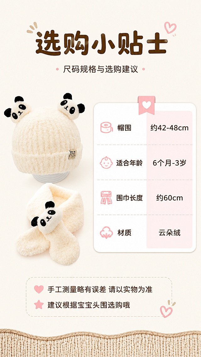 [第10屏] 产品信息-尺码规格与选购建议。本屏使用【图1】奶白色款作为产品示意。
[氛围/风格] 清晰专业，信息明了，母婴贴心感。
[元素布局] 画面左侧为奶白色熊猫帽子+围巾套装小图，占比约30%；右侧为尺码信息卡片，含表格形式；背景为浅米色，底部浅棕色针织纹理装饰条；产品造型与输入图一致。
[光影质感] 柔和均匀光线，产品清晰，信息卡片干净整洁，整体明亮易读。
[配色色系] 全局底色 #FAF5EE（米纸色）；主色奶白+黑色文字；辅助色浅棕、浅粉点缀。
[视角构图] 左产品右信息卡构图，正面视角，阅读动线顶部标题 → 右侧尺码表 → 左侧产品图。
[文字版式] 顶部主标题「选购小贴士」大号圆润字体；尺码表包含：「帽围 约42-48cm」「适合年龄 6个月-3岁」「围巾长度 约60cm」「材质 云朵绒」；底部温馨提示「手工测量略有误差 请以实物为准」「建议根据宝宝头围选购哦」；文字清晰易读，表格用浅粉色底纹区分。
[比例分辨率] 9:16 竖版比例，4K分辨率，文字清晰可辨，高清画质。
[负向提示词] 产品变形，文字模糊，表格错乱，水印，背景杂乱，信息不清。