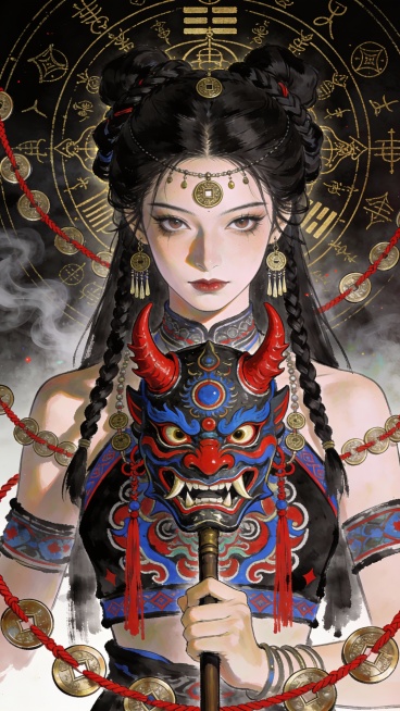 厚涂凌乱笔触，中式怪诞风格，水墨质感，工笔勾勒，中式诡异,展现神话与传说的神秘感，线条水彩混成，神秘元素，色彩鲜艳丰富，国潮元素，高清色彩,诡异的气氛，奇幻，高清，造型夸张，大胆的线条勾勒 ，色彩对比预览效果