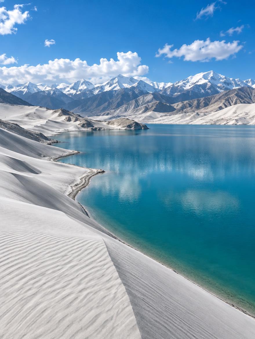 白沙湖高清实拍风景图，一半白沙一半碧湖，白色沙丘环绕碧蓝湖水，… - 图片创意预览