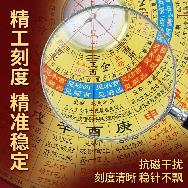 主图3细节放大展示：放大镜效果放大罗盘中心指针区域，清晰展示精工盘面刻度和强磁指针细节，突出"精工盘面刻度准 强磁稳针不飘跳"的工艺优势。背景为深红色渐变，左侧用大字号红色醒目标题展示"精工刻度 精准预览效果