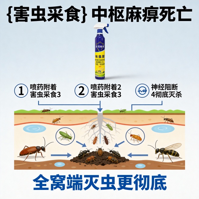 [主图-2] 庆芳枪手呋虫胺杀虫剂核心功效展示图
[氛围风格] 专业可信的功效证明风格，简洁明了
[画质] 商业摄影质感，光线明亮通透，产品清晰真实，画面干净高级
[元素] 杀虫剂产品放置在画面中央偏预览效果