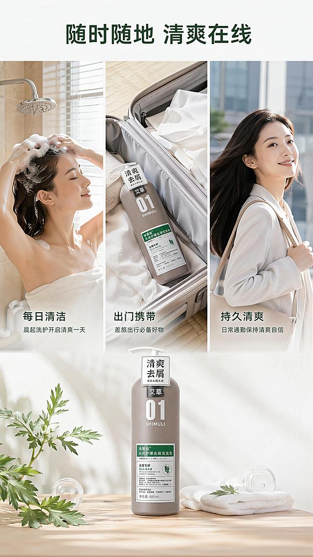 [第6屏] 日常使用场景屏-诗慕丽去屑洗发乳，展示不同场景使用。[氛围/风格] 生活氛围感，自然真实，贴近日常洗护习惯。[元素布局] 画面分三格拼接，展示三个常见使用场景：晨起浴室洗发、出差旅行携带、日常通勤保持清爽；每格场景配小图展示，画面底部居中放置产品图，产品占比约30%；场景真实自然，贴近生活。[光影质感] 每个场景都使用柔和自然光，整体明亮温馨，产品清晰突出。[配色色系] 全局底色 #f8fcf9，主色浅木色浴室+浅灰色行李箱，辅助绿色点缀产品文字。[视角构图] 上三下一共四区域，三分场景+底部产品，竖向排版，符合手机阅读习惯。[文字版式] 顶部大标题「随时随地 清爽在线」，每个场景配简短场景标题：「每日清洁」「出门携带」「持久清爽」，文字位于每个场景左下角，不遮挡主体，清晰可读。[比例分辨率] 9:16 竖版比例，分辨率 4K，高清画质。[负向提示词] 场景不真实，产品变形，文字遮挡主体，配色杂乱。