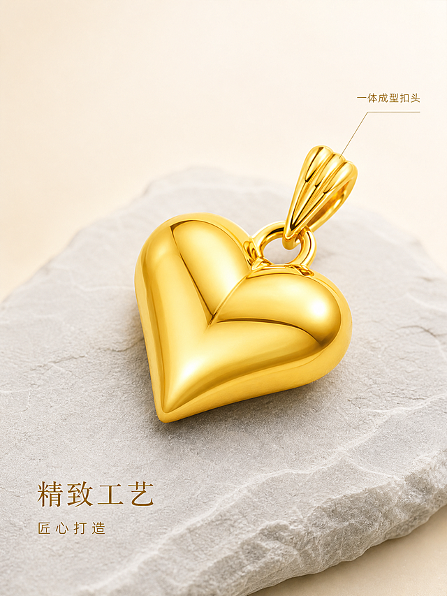 [主图-3] 黄金爱心吊坠 细节微距与工艺展示 突出精致做工与设计细节
[统一基调] 精致高级珠宝摄影风格 香槟金奶油白渐变背景 柔光箱打光 窄条轮廓光勾勒金属边缘 字体为纤细优雅的文艺衬线体 标题字色深金色 辅助字色浅灰金色 整体克制留白 极少量文案
[画面] 黄金爱心吊坠斜45度角摆放 占据画面中心偏上位置 吊坠占比约50% 重点展示吊坠顶部瓜子扣的精细工艺与心形主体的立体弧度 吊坠下方放置一块浅灰色天然岩板作为衬底 岩板纹理细腻自然 吊坠与岩板接触处有真实阴影 画面左下角加两行小字 第一行"精致工艺"字号稍大 第二行"匠心打造"字号较小 画面右上角有极细的引线标注指向瓜子扣 旁注"一体成型扣头"五个小字
[光影质感] 微距珠宝摄影质感 柔光箱多角度布光 心形曲面高光过渡自然 金属边缘锐利清晰 瓜子扣结构细节分明 表面无划痕无指纹无灰尘 金色饱满纯正 反光真实不杂乱
[配色] 背景奶油白渐变 岩板浅灰色 吊坠足金黄色 文字深金色 整体高级克制
[文字版式] 左下角两行文字左对齐 标题稍大说明稍小 右上角引线标注文字极小 精致不抢主体 所有文字不遮挡吊坠主要展示面
[输出要求] 3:4竖版比例 产品细节清晰锐利 金属质感真实 工艺细节分明 禁止产品变形 禁止颜色偏差 禁止错字 禁止模糊 禁止水印 禁止平台Logo 禁止画面杂乱