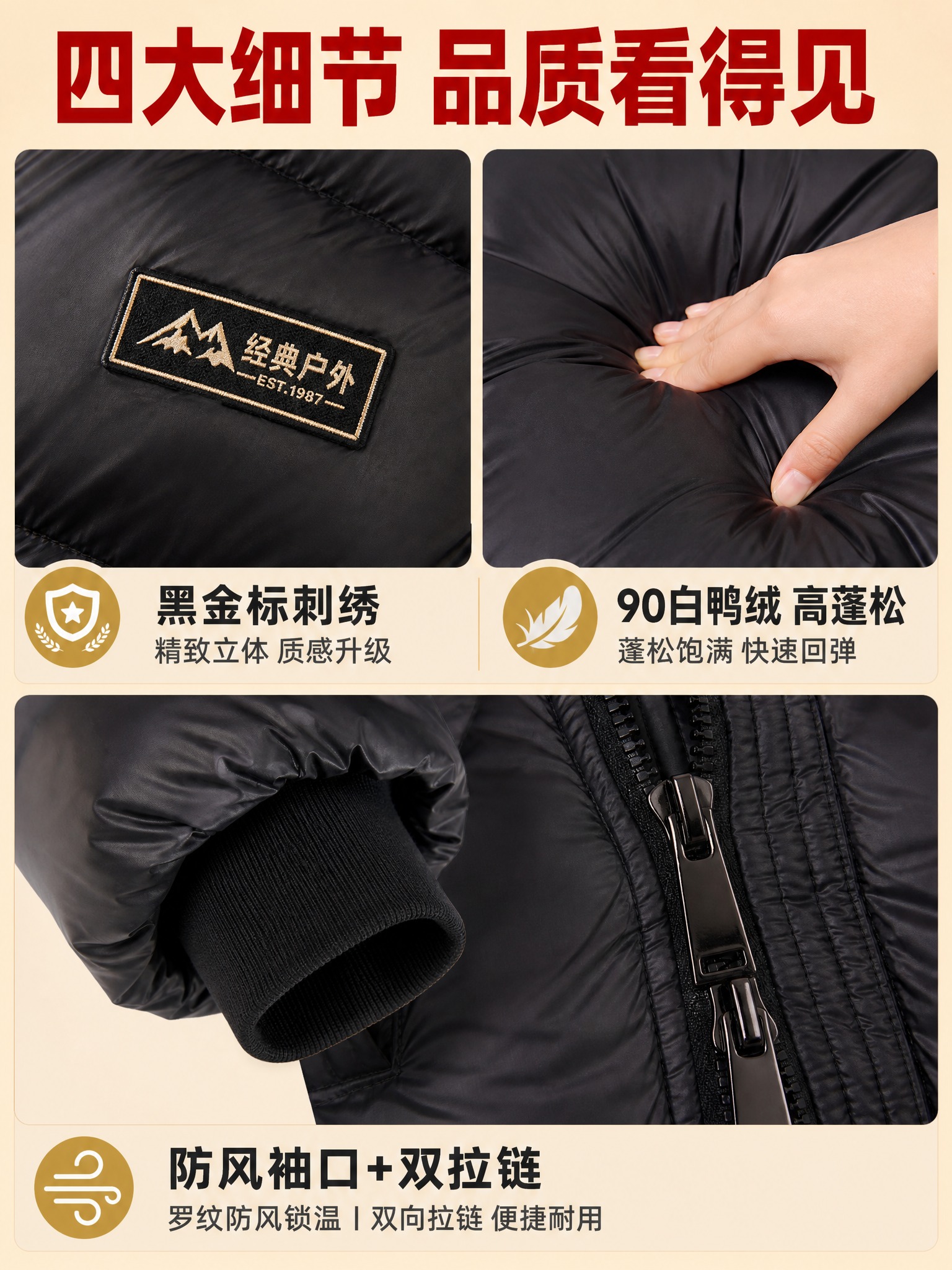 [主图-4] 黑金标中长款连帽羽绒服细节特写图，突出面料蓬松度… - 图片创意预览