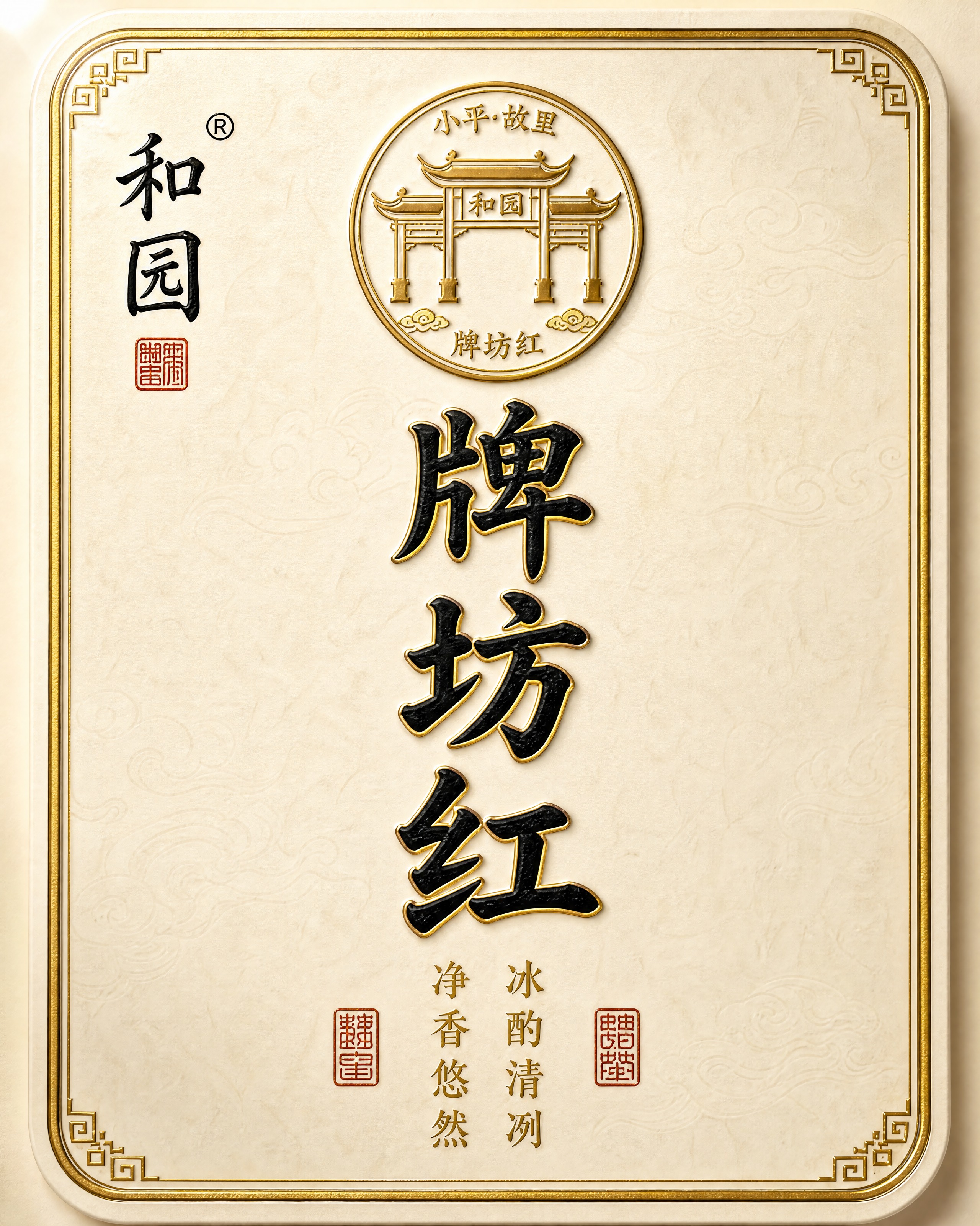 高端白酒瓶贴正面设计，竖版圆角长方形，米白棉纸质感底色，带极淡… - 图片创意预览