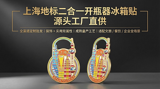 高端商业供应链杂志风首屏KV，整体色调以鎏金色+活力橙为主，高级哑光深灰渐变背景，光影细腻有工业质感。画面上半部分为通栏居中大标题，主标题用超大号加粗无衬线字体：「上海地标二合一开瓶器冰箱贴 源头工厂直供」，副标题用细体无衬线字体：「全渠道定制批发 | 装饰 + 实用双属性 | 成熟量产工艺 | 适配文旅 / 餐饮 / 企业全场景」，标题搭配鎏金细线条装饰，左右对称留白充足。画面下半部分C位为产品黄金比例陈列，正面全景+45°侧拍结构双角度组合展示，严格还原上传的产品图，包括包装设计、颜色、LOGO位置、文字内容、图案元素等所有细节，图片里的产品在真实物理空间里与其他物体的大小关系视觉要协调，比例保持1:1 , 避免出现突兀感。产品金属高光、珐琅填色细节、开瓶器卡口结构100%精准还原，光影柔和有层次，整体画面高级大气，杂志排版精致通透，无多余杂乱元素，视觉冲击力强，3秒内抓住B端用户注意力。负面提示词模糊、产品变形、比例失调、文字错乱、风格割裂、画质低、颜色偏差、产品细节丢失、背景杂乱、字体不统一、元素堆砌、廉价感、过度曝光、暗部死黑、C端零售风、无供应链商业质感
