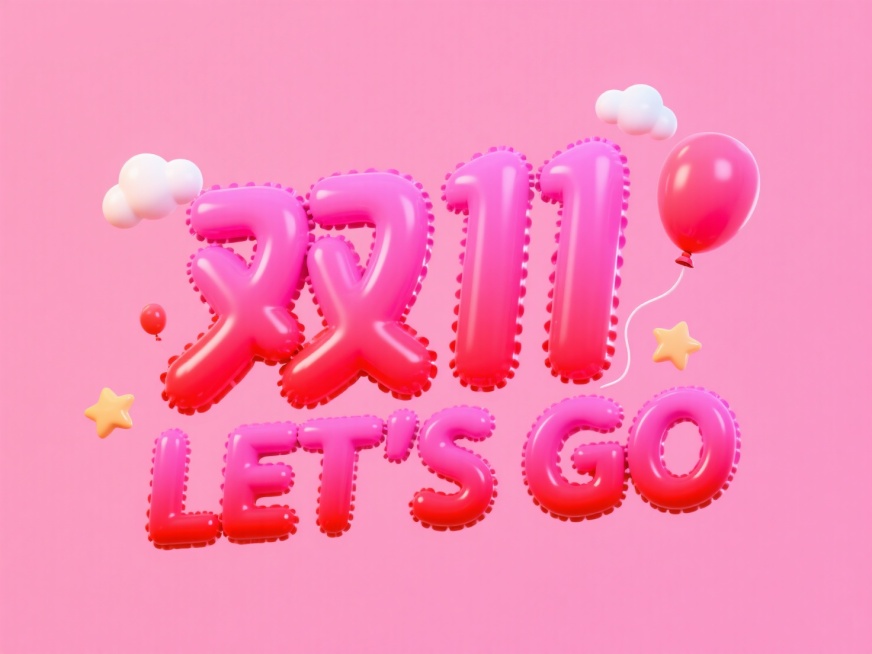 3D充气字体设计“双11 LET'S GO”字样，亮粉色 + 荧光红渐变，表面带细腻光泽（类似原图立体字的胶质反光），字体膨胀饱满，粉色背景预览效果