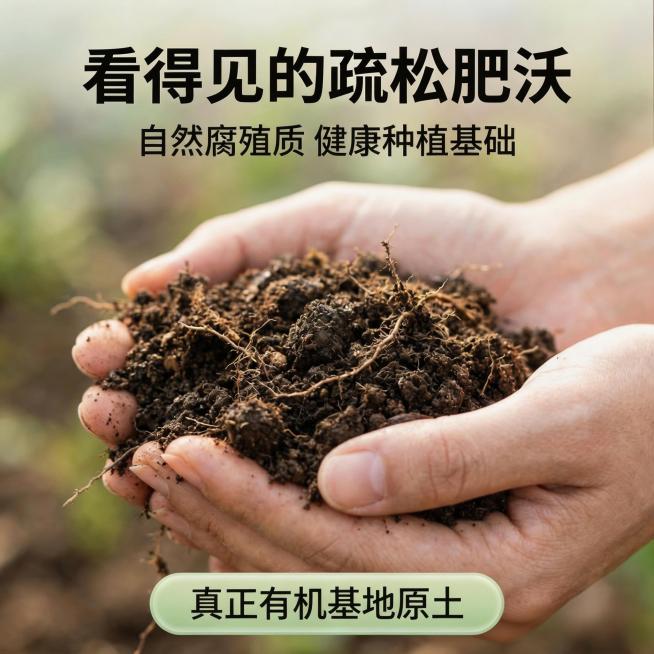 [主图 2] 展示有机土壤品质细节重绘
[氛围风格] 自然真实质感，特写展示，原生自然氛围，优化光影对比让细节更清晰
[画面元素] 商业摄影质感、光线柔和通透、产品清晰真实、画面干净高级。一双手捧着疏预览效果