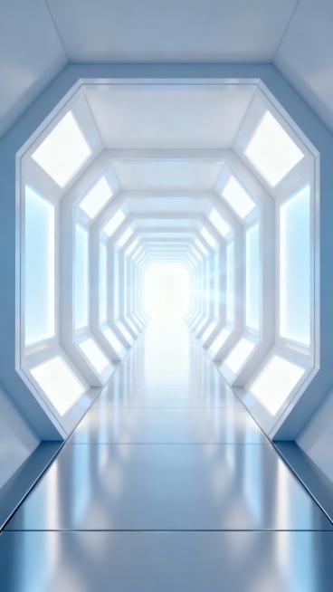 一个充满未来感的无限延伸的科技走廊，采用极简主义的3D渲染风格，整体以纯净的白色和渐变的浅蓝色为主色调，光线从尽头的明亮光源向两侧扩散，照亮走廊两侧由几何六边形框架构成的墙壁，每个框架内嵌发光面板，地面是光滑反光的金属质感地板，呈现出强烈的纵深感和透视效果，光线柔和均匀，营造出洁净、通透、科技感十足且宁静的氛围，线条流畅且富有结构感，整体画面给人一种通向未知未来的视觉引导。预览效果