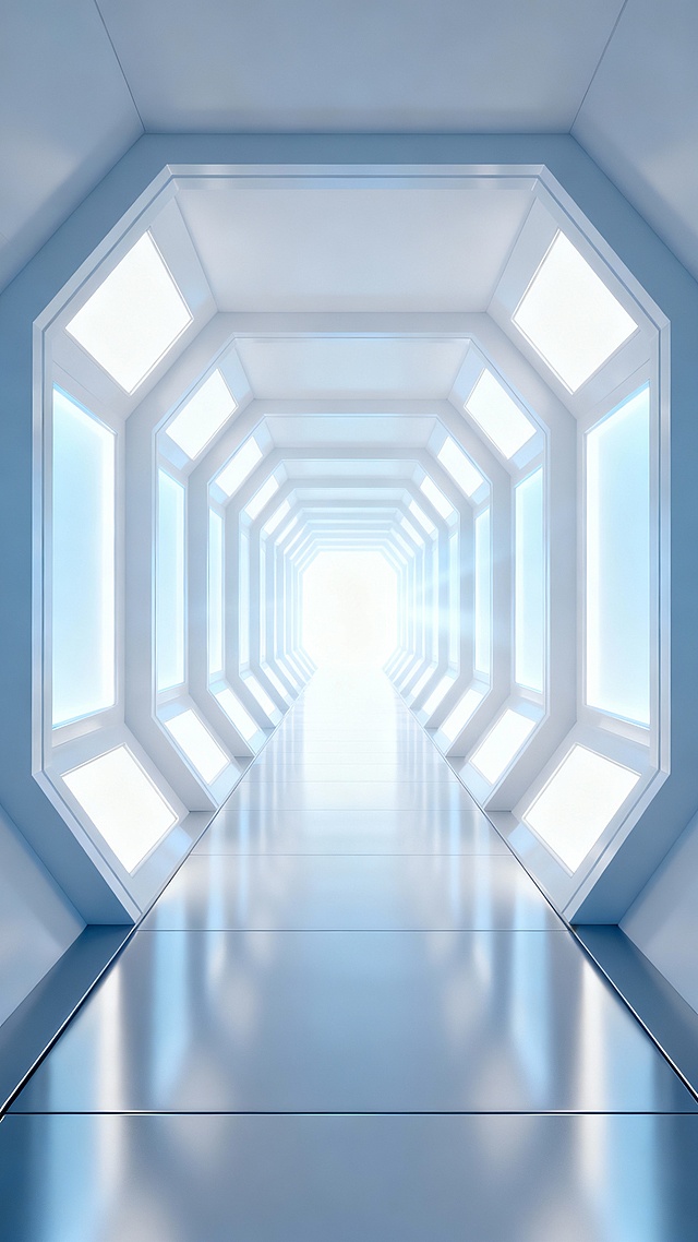 一个充满未来感的无限延伸的科技走廊，采用极简主义的3D渲染风格，整体以纯净的白色和渐变的浅蓝色为主色调，光线从尽头的明亮光源向两侧扩散，照亮走廊两侧由几何六边形框架构成的墙壁，每个框架内嵌发光面板，地面是光滑反光的金属质感地板，呈现出强烈的纵深感和透视效果，光线柔和均匀，营造出洁净、通透、科技感十足且宁静的氛围，线条流畅且富有结构感，整体画面给人一种通向未知未来的视觉引导。