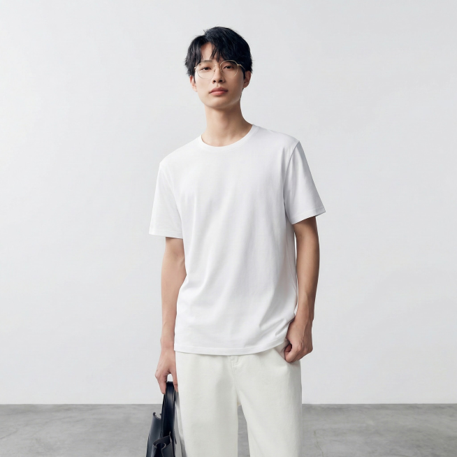 白底图衣服穿到模特身上 
服装贴合：衣服完全贴合模特身形，无违和感，保留衣服原有版型 / 颜色 / 细节（如纽扣、印花、刺绣）无变形 / 无颜色偏差 / 保留细节
场景：灰色地面与白色背景，光线自然，预览效果