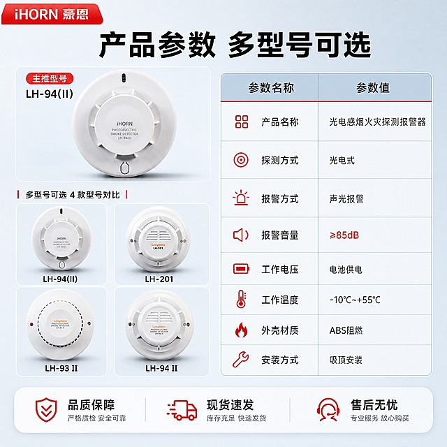 [主图-5] 规格参数与多型号：完整参数表+4款型号对比，完成下单前最后确认。
[统一基调] 风格=报警行业专业商业摄影，克制高级；背景主色=浅蓝到浅灰渐变；标题字色=黑色；辅助字色=深灰；强调色=警示红（仅小面积点缀）；字体=现代无衬线粗黑体（标题）+简洁无衬线体（正文）；组件=规整参数表、型号卡片、细线分隔；左上角统一放置iHORN豪恩LOGO。
[画面] 画面分左右两区：左侧为产品主图（LH-94(II)款正面）+ 4款型号小图矩阵；右侧为完整规格参数表。使用【图1】全部4款烟雾报警器，每款在型号矩阵中以小图呈现并标注型号名称。顶部大标题区，底部一条服务/售后信息条。整体满版排布，信息完整，不留空白。所有产品保持原图外观、结构、品牌标识、颜色，严格不变。
[光影质感] 柔和棚拍光，产品清晰立体，参数表区域干净整洁，背景浅蓝到浅灰渐变，整体专业严谨。
[配色] 主色浅蓝+浅灰，背景浅蓝浅灰渐变，参数表头浅蓝底，标题黑色，正文深灰，警示红仅用于表头分隔线和重点参数点缀，杜绝深色和高饱和彩色。
[文字版式] 左上角：iHORN豪恩LOGO。顶部主标题（黑色大字）：产品参数 多型号可选。左侧上方主产品图标注：主推型号 LH-94(II)。左侧下方4款型号小图矩阵，每图标注型号：LH-94(II)、LH-201、LH-93 II、LH-94 II。右侧参数表（参数名+参数值）：产品名称-光电感烟火灾探测报警器；探测方式-光电式；报警方式-声光报警；报警音量-≥85dB；工作电压-电池供电；工作温度--10℃~+55℃；外壳材质-ABS阻燃；安装方式-吸顶安装。底部服务条：品质保障 现货速发 售后无忧。所有文字横排，表格清晰手机端可读。
[输出要求] 比例1:1，2048×2048，2K分辨率，参数清晰可读，产品不变形不混淆，避免产品变形、型号错乱、深色背景、高饱和彩色、文字过小、大面积空白、极限词、虚构认证。