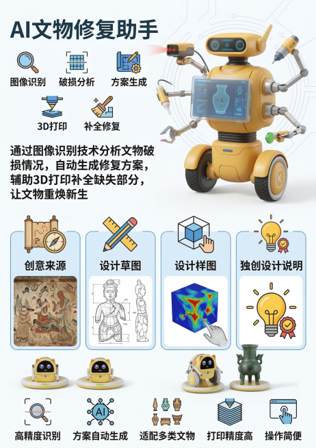 AI文物修复助手产品宣传海报，仿照参考图的布局和科技清新风格，主视觉是暖黄色科技感的文物修复机器人，整体配色蓝黄为主色调，清新明亮。左上角是大字体的作品名称"AI文物修复助手"，下方有5个功能图标分别预览效果
