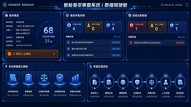 科技风数据可视化大屏界面设计，深蓝色渐变背景带有细微网格纹理，多个半透明深色卡片模块布局，卡片有蓝色发光边框效果。包含以下模块内容：左上角卷宗概览模块，显示案件基本信息文字、大号数字68标注已识别文书类型23类、橙色提示条2页待人工核验；中间上方卷宗评查对照模块，三个统计卡片分别显示已确认问题4、待人工核验0、合计4，下方是三条问题列表项；右上角流程合规校验模块，三个统计卡片显示已确认违规1、待人工核验0、合计1，下方一条问题描述；底部左侧专业审查能力赋能模块，五个功能图标按钮横向排列；底部右侧审查处理流程模块，七个步骤节点用连接线串联成流程图。整体UI风格现代简洁、科技感强、专业商务，界面清晰易读，无人物图像，纯界面设计，宽屏16:9比例