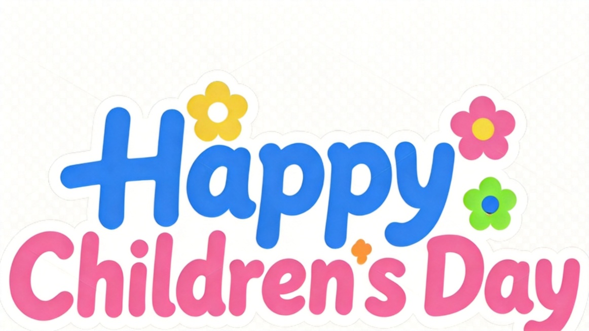 按照参考图的原创设计风格重新生成"Happy Children's Day"艺术字，去除所有水印，保持原创商用无侵权字体，蓝粉撞色填充，白色外描边，点缀黄色、粉色、绿色小花装饰，活泼圆润粗线条，透明背预览效果