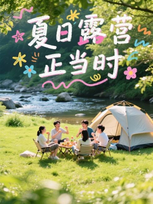 摄影风，溪边、帐篷、朋友聚会，标题为白色文字“夏日露营正当时”，粉笔笔触，文字周围涂鸦元素点缀预览效果