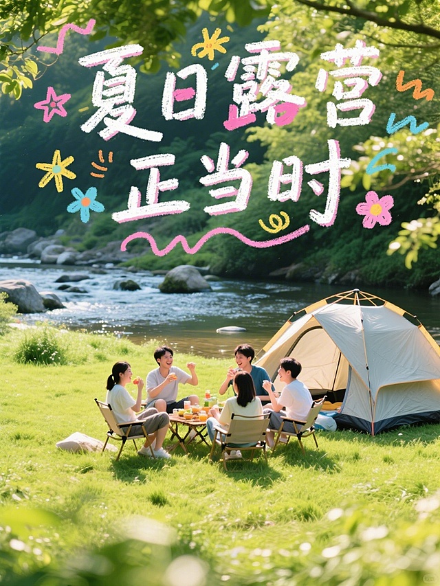 夏日露营正当时，清新自然与卡通涂鸦风融合，手账式大字标题点缀梦幻花饰，营造温馨舒适、充满童趣的户外氛围。