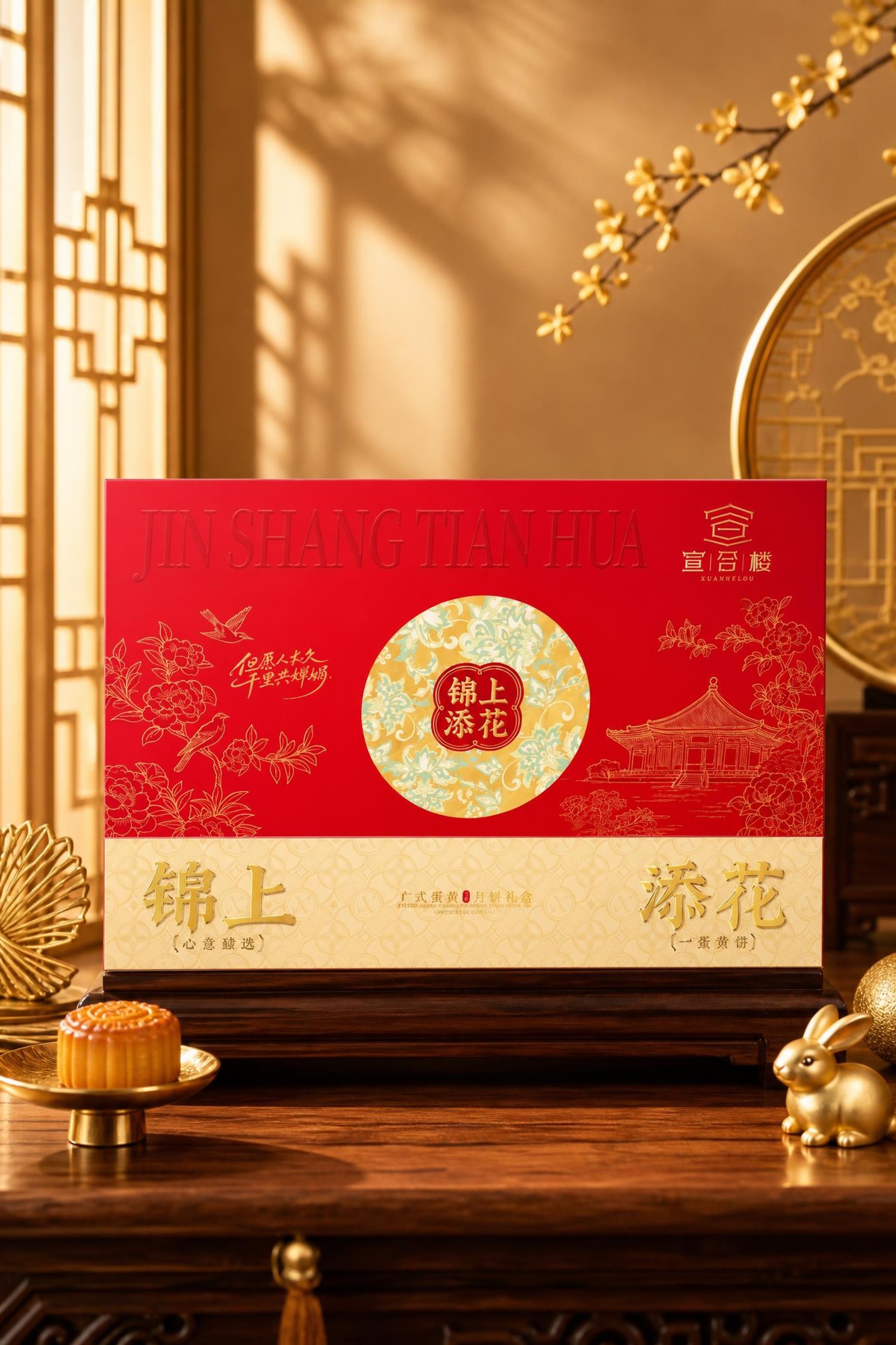 基于参考图中的红色锦上添花中秋月饼礼盒，生成电商风格高级礼盒场… - 图片创意预览