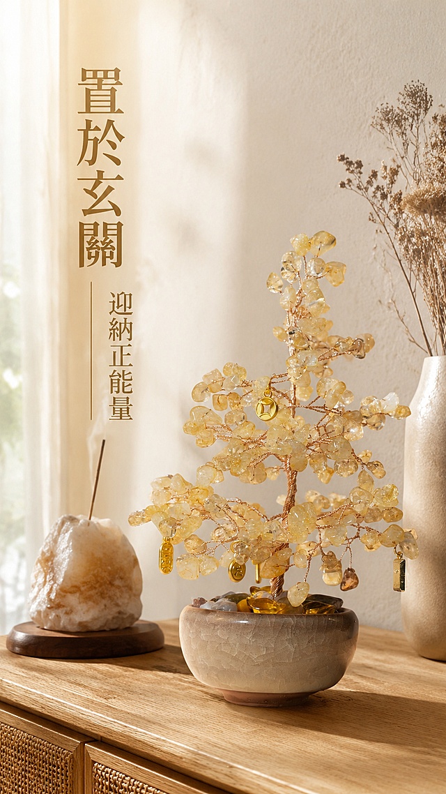 [第2屏] 场景种草-黄水晶招财树玄关桌面家居场景展示，本屏使用【图1】作为商品主体。[氛围/风格] 温馨家居氛围感，自然柔和光影，贴近真实生活场景，温暖松弛的疗愈感。[元素布局] 将黄水晶招财树摆件放置在浅原木玄关桌面上，旁边搭配一块天然原石香薰和干花装饰，背景为浅米色墙面，整体场景自然不拥挤，产品结构、颜色、尺寸保留与原图一致，主体占比约60%。[光影质感] 左侧窗边自然光漫入，光影柔和，水晶透出自然通透光泽，桌面保留自然木纹肌理。[配色色系] 全局底色 #F5F0E8；主色原木浅棕；辅助色米白墙面、干花浅灰。[视角构图] 45度斜侧视角，景深适中，阅读动线从上到下，场景自然代入。[文字版式] 左侧竖向文案，主标题「置於玄關」，副标题「迎納正能量」，繁体中文，清晰排版不遮挡产品主体。[比例分辨率] 9:16 竖版比例，4K分辨率，文字清晰可辨，高清画质。[负向提示词] 产品变形，缺件错件，颜色偏差，水印，文字错乱，产品图模糊，背景杂乱，文字过小