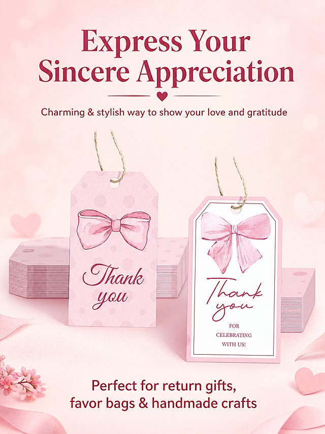 「图片1」「图片1」「图片1」「图片1」
50 Pcs Pink Bow Thank You Tags – White Paper Gift Tags with Bowknot for Baby Shower, Bridal Shower, Wedding & Birthday Party Favors ；🎀 Premium Quality Paper Tags – Crafted from thick white cardstock, these thank you tags are sturdy and smooth. The premium paper is resistant to tearing and has clean, burr-free edges for a safe and elegant finish. Ink won’t bleed, allowing you to write your messages neatly. 💕 Exclusive Pink Bow Design –The adorable pink bowknot pattern paired with the simple message “Thank you for celebrating with us” adds a touch of sweetness and sincerity to your gifts—perfect for expressing heartfelt gratitude to your guests. ✂️ Easy to Use – Each tag comes pre-punched with a hole and includes a matching string, making it quick and simple to attach to any gift bag, box, or favor. You can also write personal notes or blessings on the back for a thoughtful finishing touch. 🎉 Perfect for Any Occasion – These pink thank you tags are ideal for baby showers, birthdays, weddings, bridal showers, anniversaries, or seasonal parties. Use them as thank you labels, gift bag tags, or message cards to make your packaging more memorable. 💌 Express Your Appreciation – Whether you’re preparing return gifts, favor bags, or handmade crafts, these cute bowknot thank you tags help you show your love and gratitude in a charming and stylish way.
根据我的产品图和产品信息，给我一套详情页，图片的文案要英语