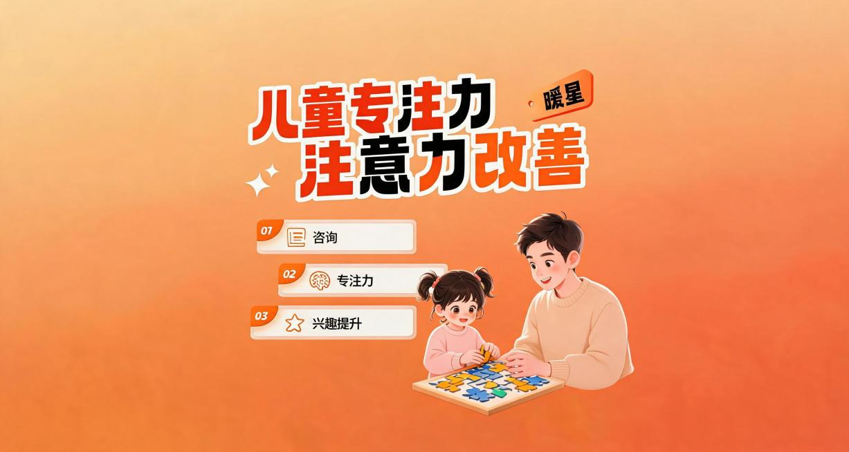 保持布局配色不变，保留右上角暖星，标题为"儿童专注力注意力改善"，只有"专注力"的"力"和"注意力"的"意"保持黑色，仅不要给"注"字标橙色，更换右侧人物为爸爸和小女孩做专注力手工游戏，和之前图片视觉预览效果