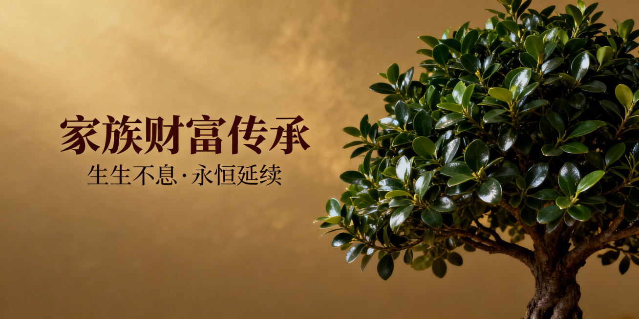 家族财富主题，一株象征传承和永恒的长青树，画面主体集中在图片右侧，左侧预留出空白区域用于放置文字，整体风格沉稳大气，寓意财富传承生生不息预览效果