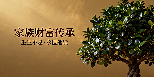 家族财富主题，一株象征传承和永恒的长青树，画面主体集中在图片右侧，左侧预留出空白区域用于放置文字，整体风格沉稳大气，寓意财富传承生生不息