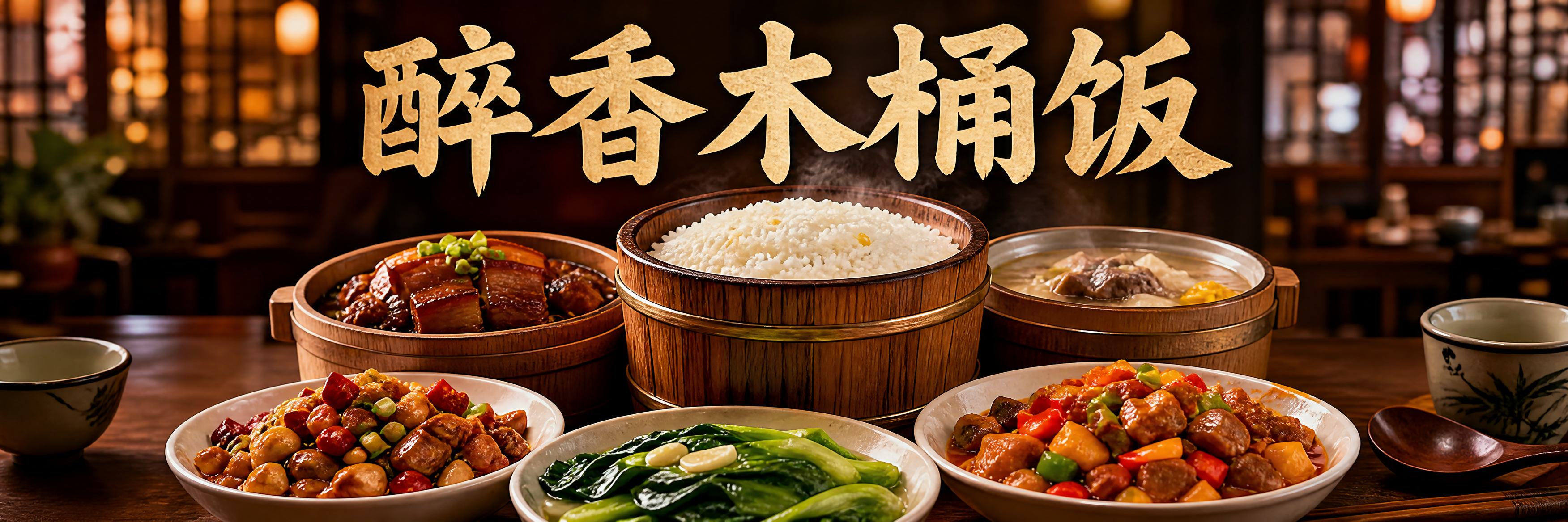 写实摄影风格的餐饮海报横幅，店名"醉香木桶饭"以大气醒目的字体… - 图片创意预览