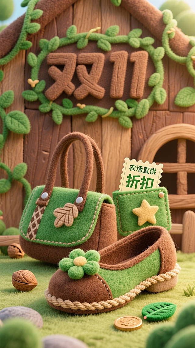 绿色系包鞋，搭配森林木屋元素，“折后” 标签凸显双 11 清新促销氛围