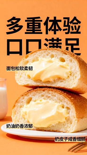 商品详情页，大标题"多重体验 口口满足"，展示切开的焦糖奶皮子面包，露出饱满的奶油内馅和奶皮子，文字标注面包松软柔韧，奶油奶香浓郁，奶皮子咸香细腻，暖橙色简约背景，电商美食摄影风格预览效果