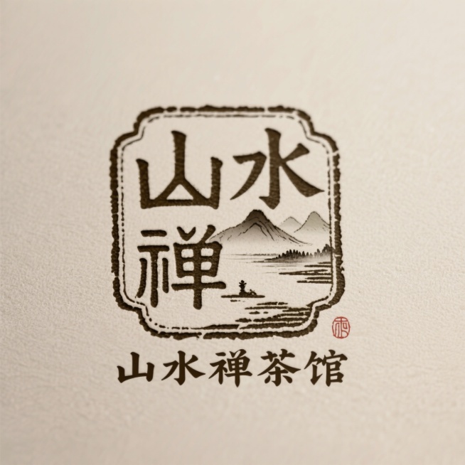 LOGO 设计，餐饮设计，创意字体设计，篆书复古复刻文字，“山水禅茶馆”，古朴的仿篆书风格，文字排版艺术，结合复古图章、要求有山有水体现茶馆特点符合禅意特征，艺术构图预览效果