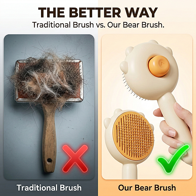 Comparison infographic. Left side: an old-fashioned messy pet brush with hair stuck in it (darker tones), with a large red cross mark. Right side: the creamy bear-shaped brush, clean and easy (bright, inviting tones), with a large green checkmark. Strict fidelity to the product's cream and orange colors. Text: "THE BETTER WAY" in bold font, below it smaller text "Traditional Brush vs. Our Bear Brush.". High contrast, clear information layout.