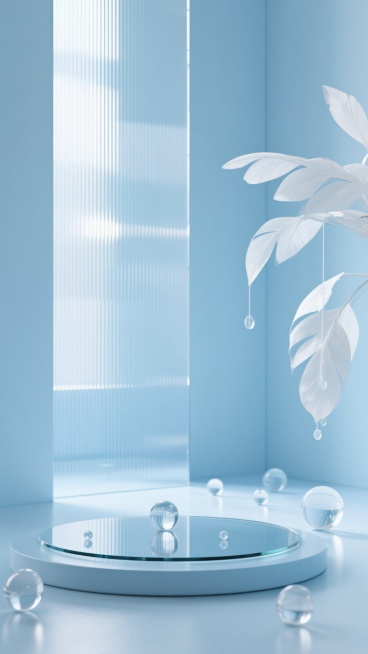 特写视角，纯净淡蓝色极简空间内，竖条纹玻璃屏风透入柔和自然光形成优雅光影，中央光滑圆形玻璃展示台旁散落透明玻璃球，右侧白色植物叶片轻盈垂挂，材质磨砂与镜面反射细腻，光线折射漫反射微妙，空间层次分明留白恰，蓝色场景干净且具现实逻辑的背景素材式提示词预览效果